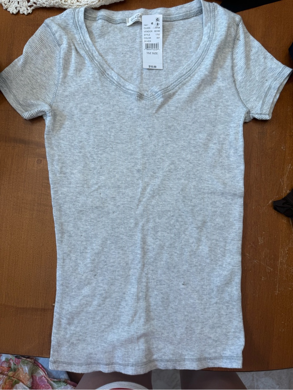 Brandy Melville Light Gray Ribbed V-Neck Short Sleeve Tee